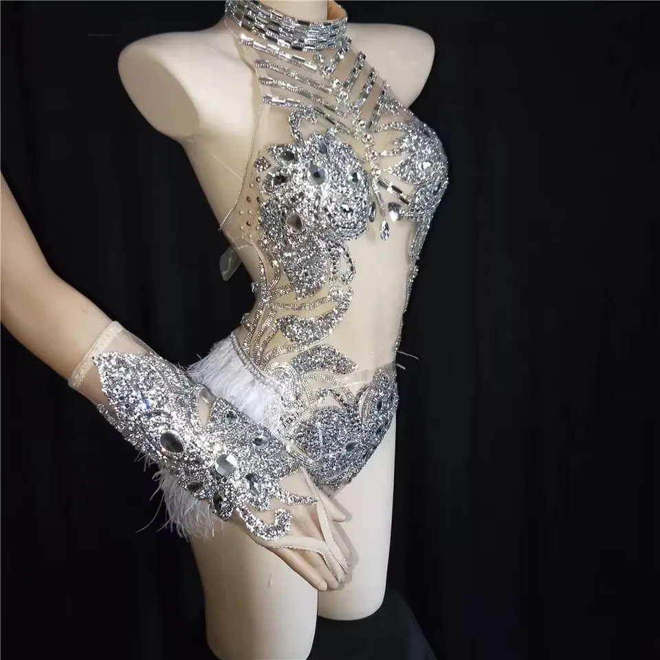 여성 섹시 고고 댄스 의상 금색 라인스톤 깃털 바디수트 장갑 클럽 파티 페스티벌 레이브 의상 나이트클럽 바