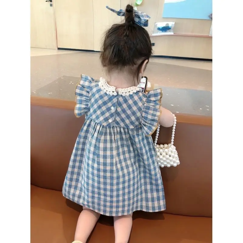 Girls Dress Summer New Fashionable Fashionable Female Baby Korean Lace Plaid Dress Sleeveless Children\'s Princess Dresses