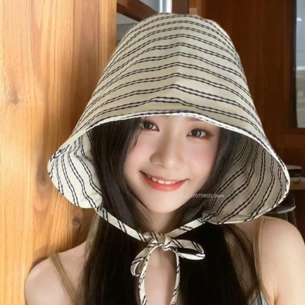 Beige Stripe Large Foldable Fisherman Hats with String Korean Striped for Women Girls Outdoor Mountaineering Hat New Headwear
