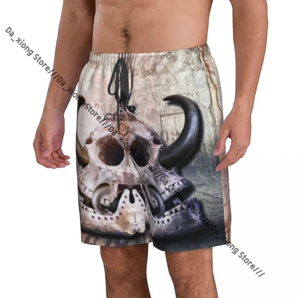 Mens Swimwear Swim Short Trunk Two Fold Mysterious Skull With Sharp Horns Beach Board Shorts Swimming Surffing shorts