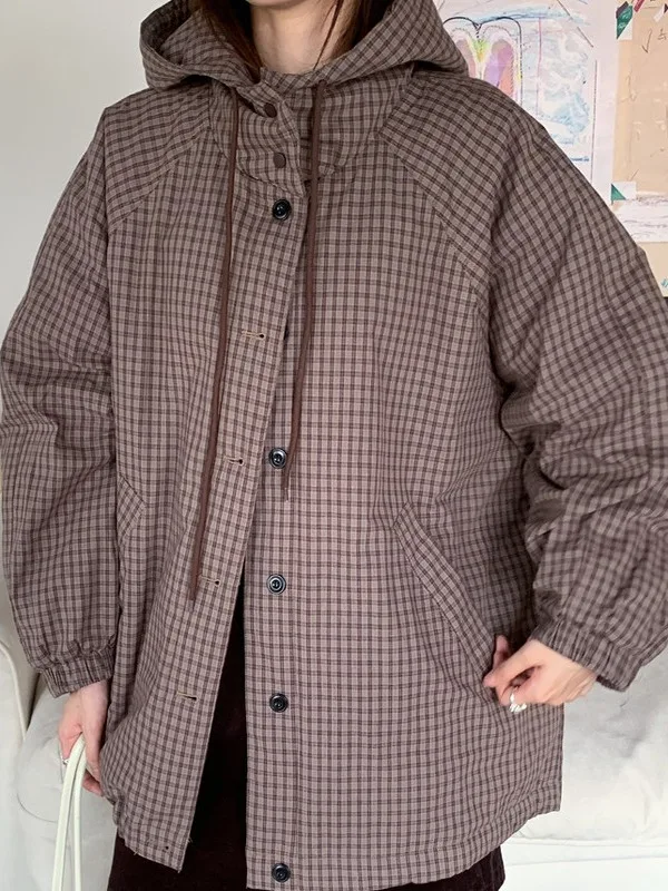 الرجعية كسول اللون بلو منقوشة فضفاضة مقنعين القطن Jaet المرأة الكورية Sle الشتاء زر واحد معطف القطن الدافئ ملابس خارجية