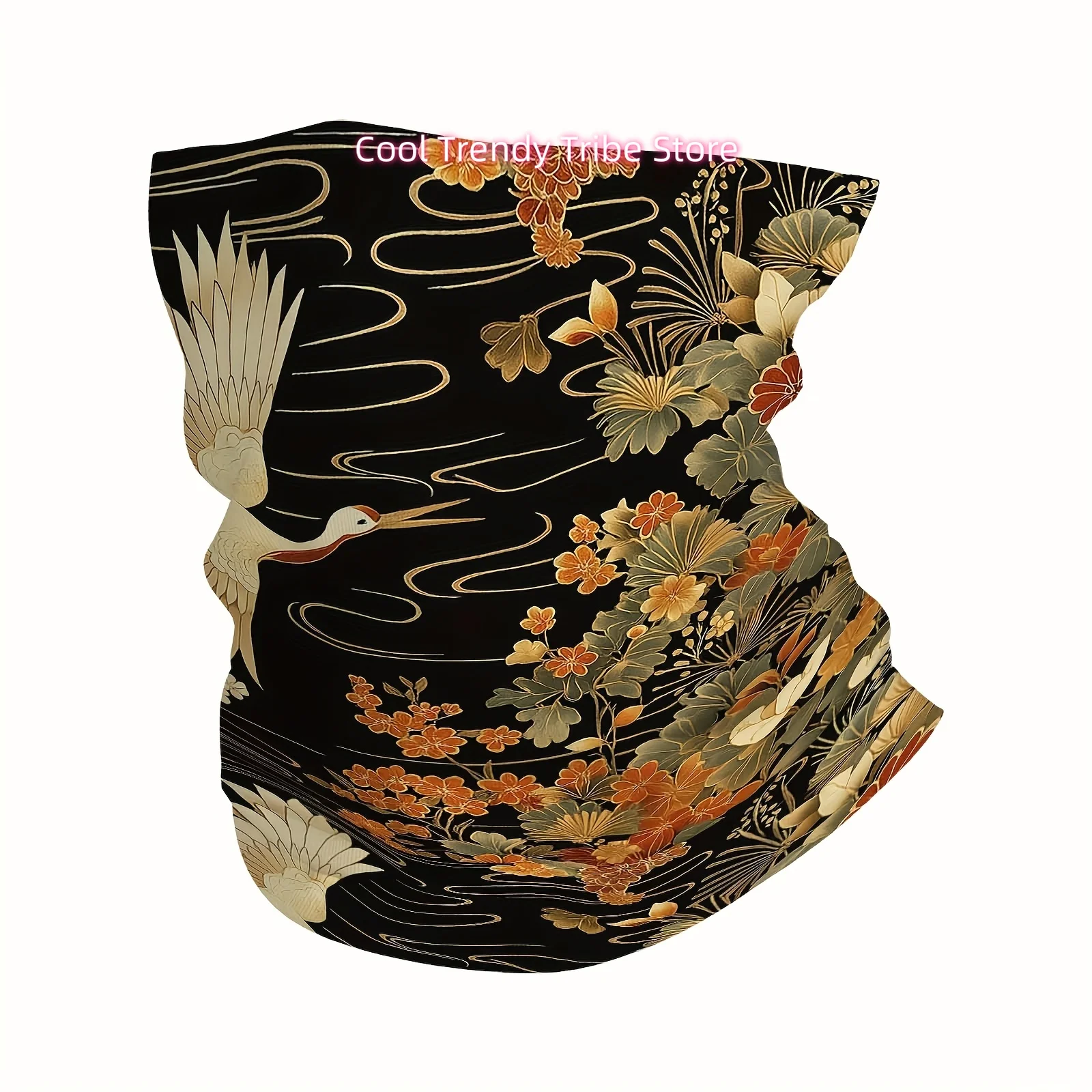 Cranes Flying, Flowers, Traditional Japanese Design Print Scarf, Multi Functional Mask and Neck Mask, Suitable for Outdoor and U