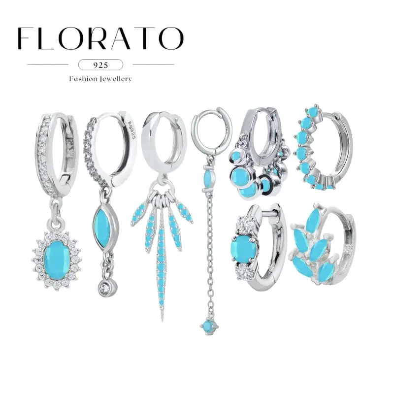 

925 Silver Ear Needle Blue Turquoise Geometric Water Drop Pendant Hoop earrings Light Blue Zircon Luxury Earring Fashion Jewelry