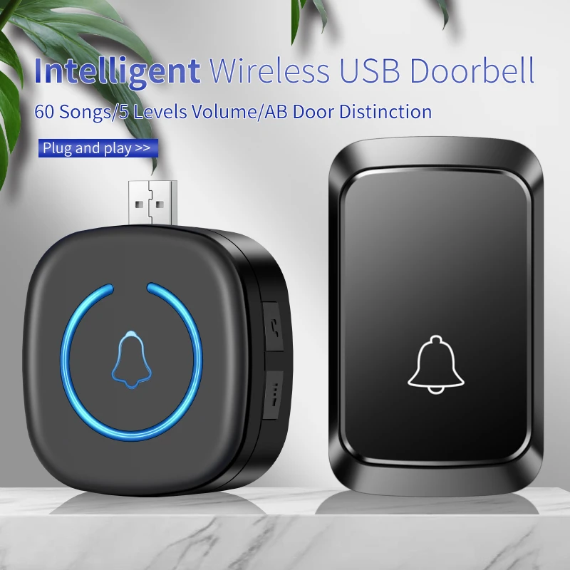 

CACAZI Home Mini USB Wireless Doorbell Sets Waterproof 60 Chimes Adjustable 150 Meters Remote Control Outdoor Smart Door Bell