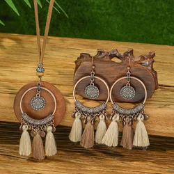 Bohemian Vintage Tassel Earrings Necklaces Set for Women Ethnic Round Hollow Carved Rope Chain Necklace Jewelry Accessories