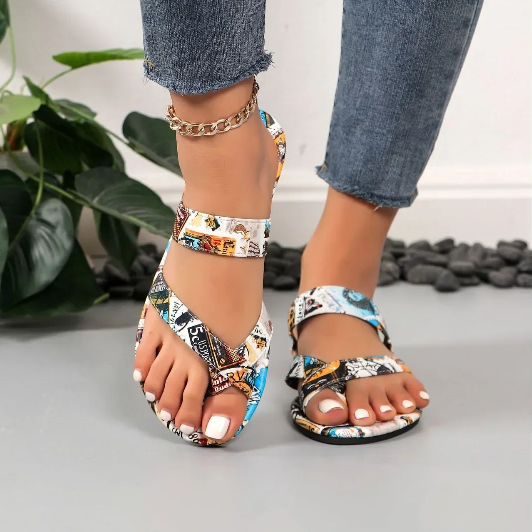 Women Sandals Flat Sandals  Summer New Fashion Printingcomfort  for Women Retro Beach Flip Flops Zapatos De Mujer