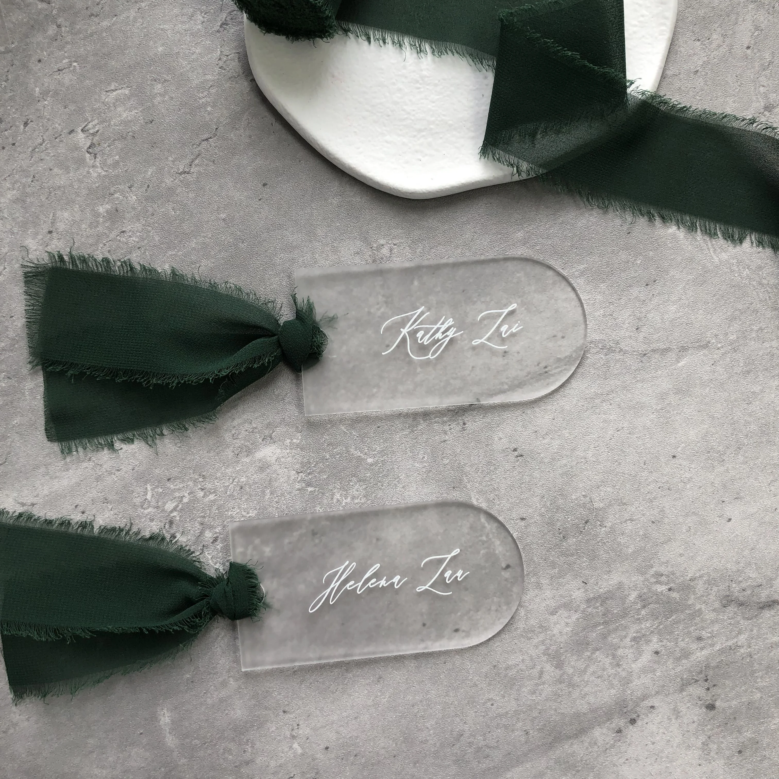 Frost NAME TAGS Custom Acrylic Name Cards with slik Ribbon Table Setting Wedding Place Cards Party Favours Hen Party Favours
