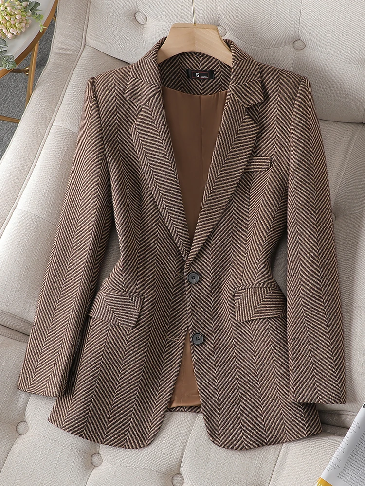 Blazer droit à boutonnage simple pour femme, manches longues, rayures grises café, veste d\'affaires formelle, manteau de bureau