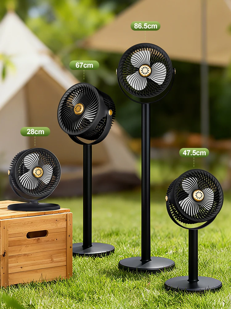 

Регулируемый по высоте (4 уровня), может использоваться как настольный/вертикальный вентилятор для кемпинга с функцией повербанка и солнечной зарядной панелью.