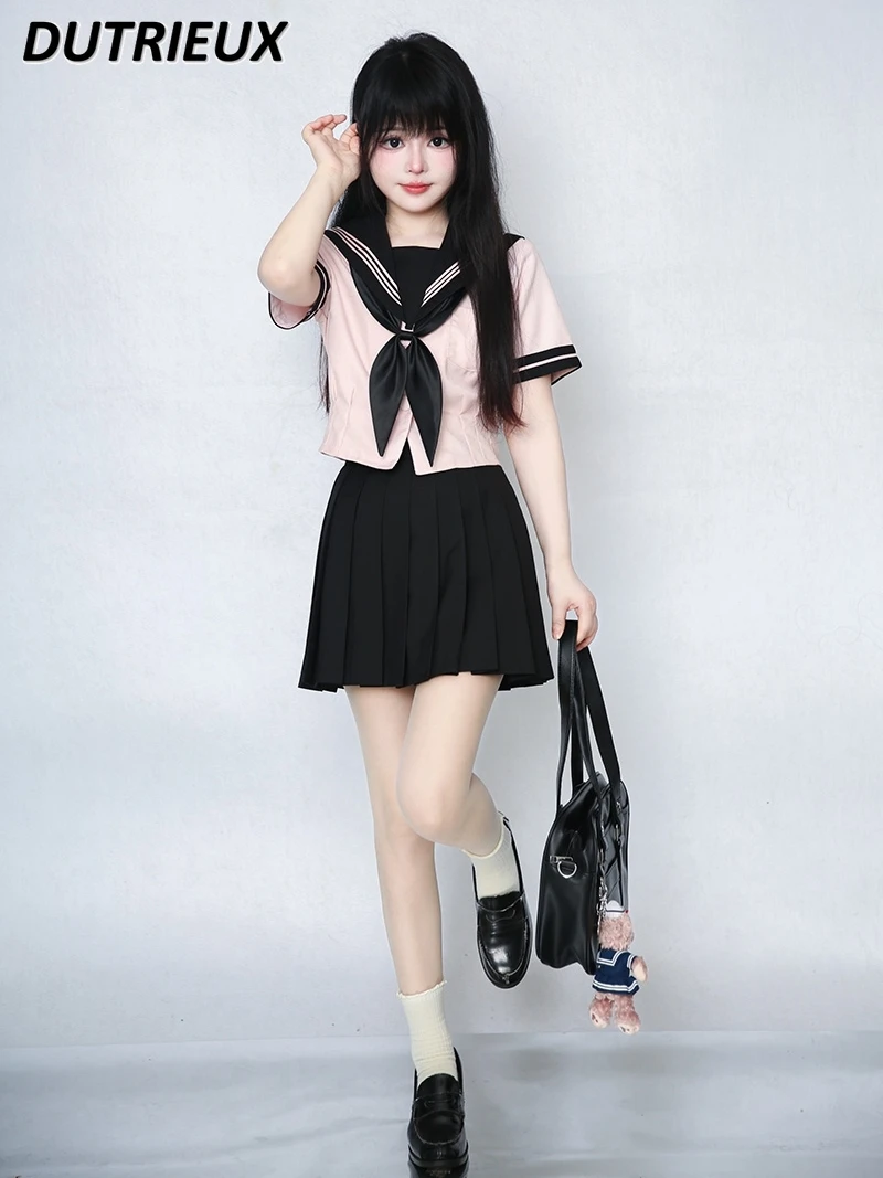 Japanese Original JK Sailor Suit Sweetheart Summer Short-Sleeved Top Female College Style Sweet Mini Skirt Two Piece Set