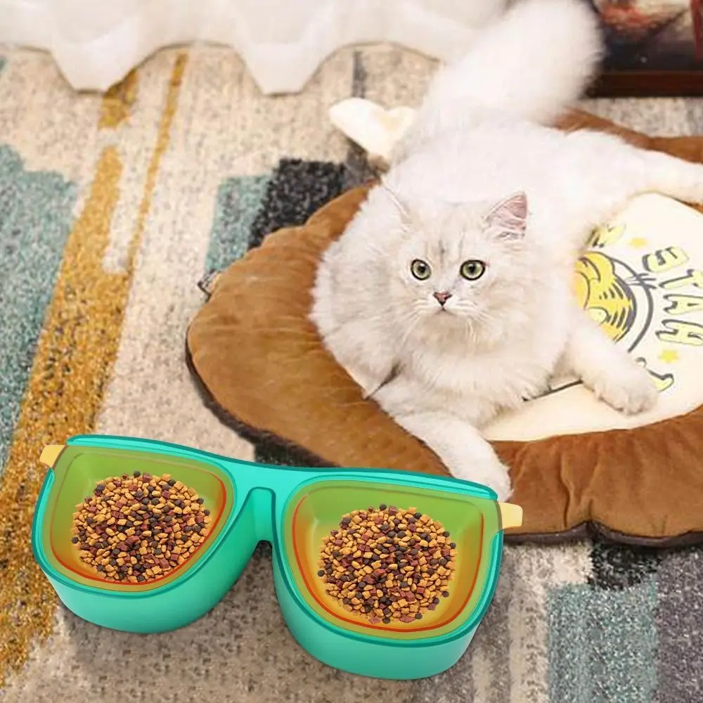 

Large Capacity Glasses Shape Cat Bowl Anti-Knockover Eco-friendly Cat Double Bowls Protection Neck Plastic