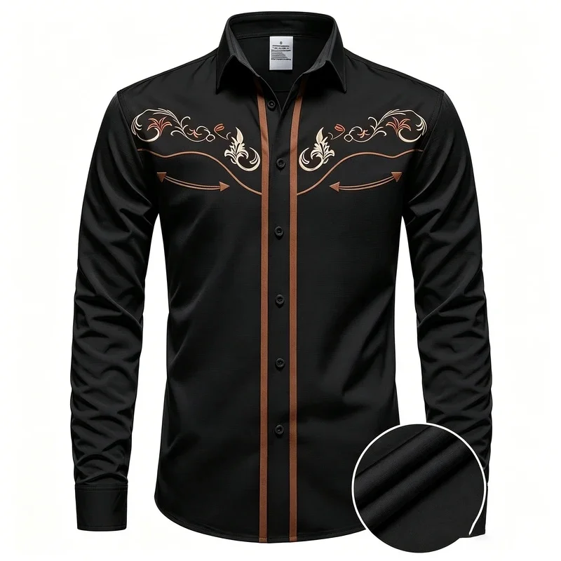 Men's Printed Collared Long-Sleeve Shirt, Vintage Floral Textured Shirt, Country Dance Cardigan Top