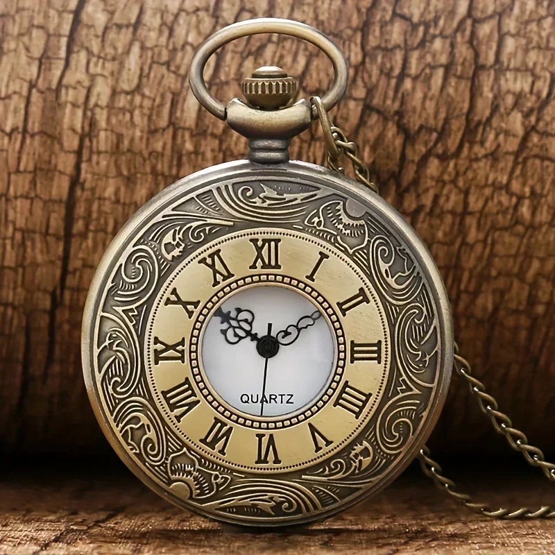 Open Face Roman Numeral Quartz Pocket Watch With Chain Antique Bronze Engraved Retro Pendant Watch Gift