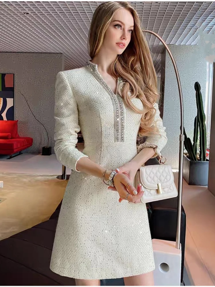 ZJYT Luxury Beading Sequined White Tweed Woolen Dress Women Autumn Winter Fashion Clothing Long Sleeve Party Office Vestidos