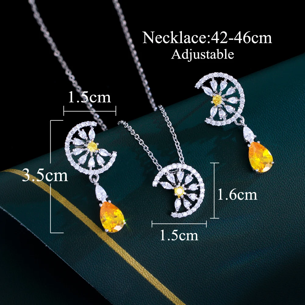 CWWZircons Elegant Green Water Drop Cubic Zircon Engagement Half Round Pendant Necklace and Earrings Jewelry Set for Women T747