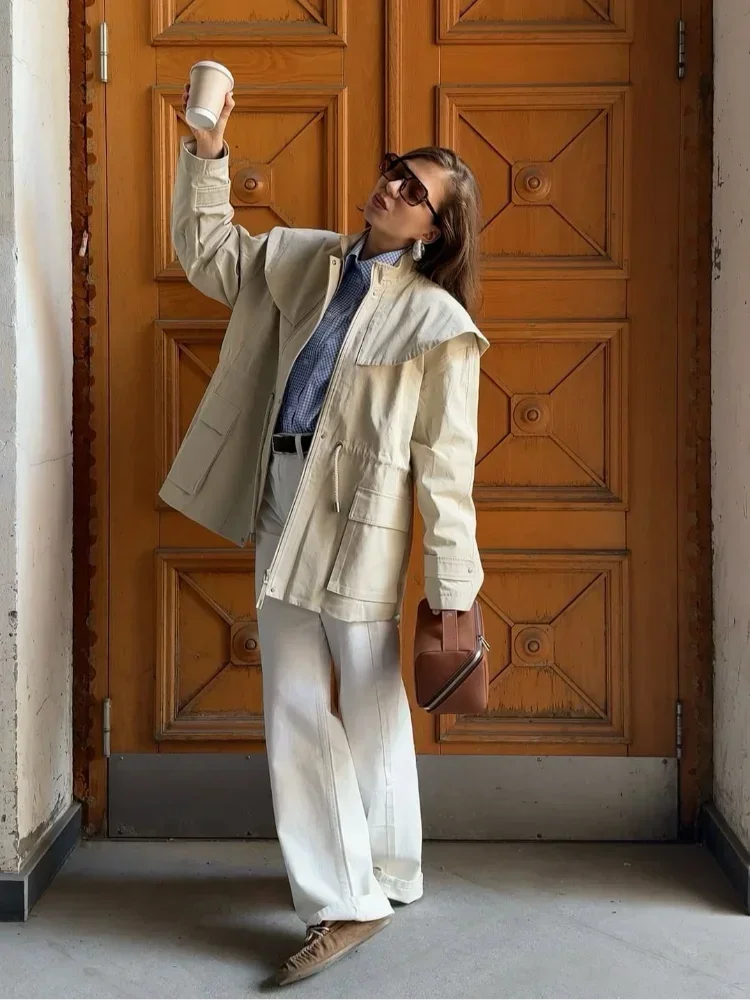 Femmes col bateau ceinture coupe-vent décontracté solide fermeture éclair poche veste ample 2025 automne dame quotidien banlieue vêtements d'extérieur