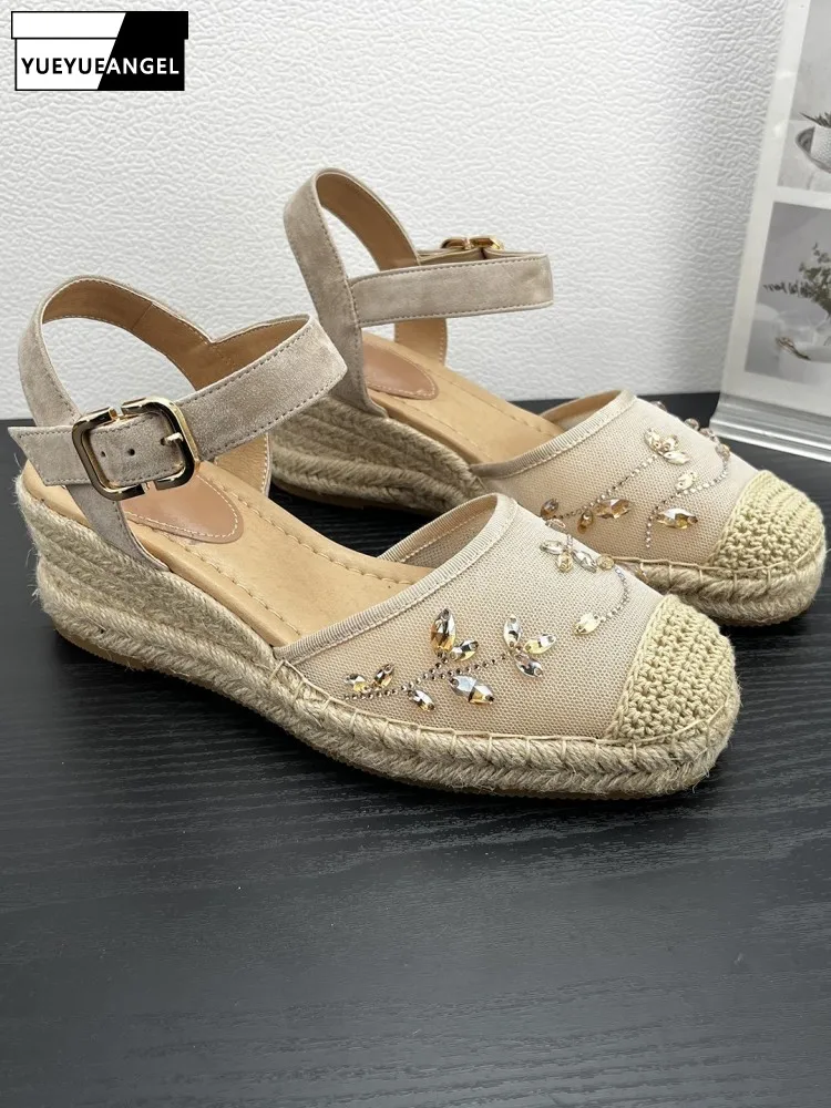 Elegant Ladies Round Toe Straw Woven Platform Buckle Strap Sandals Retro Cool Height Increase Solid Color Diamonds Footwear