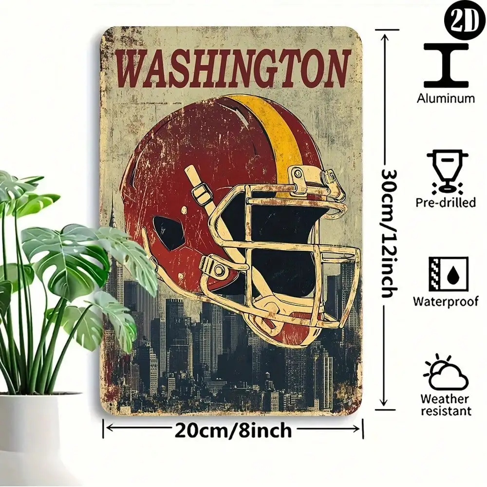 علامة معدنية كلاسيكية قابلة للتخصيص لكرة القدم في واشنطن، ملصق رياضي ريترو مقاس 8 × 12 بوصة لديكور المطبخ في مزرعة المنزل على شكل كهف للرجال #4