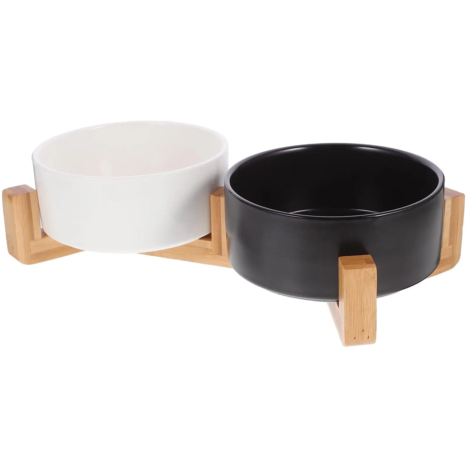 

Ceramic Dual Bowls Wooden Stand Cats Dogs Anti-slip Feeding Drinking Black White Medium Stable Pet Supplies Dog Bowl