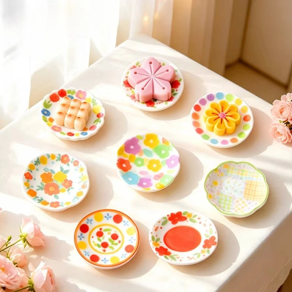 8 Styles Mini Flower Plate Resin Charms Colorful Food Play DIY Dollhouse Kitchen Tableware Decor