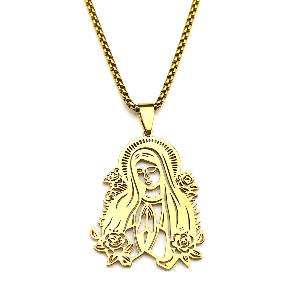 Guadalupe Jungfrau Maria Blume Kette Für Frauen Männer Edelstahl Silber Farbe Unsere Liebe Frau Mutter Katholischen Anhänger Halsketten Schmuck – Detail 8