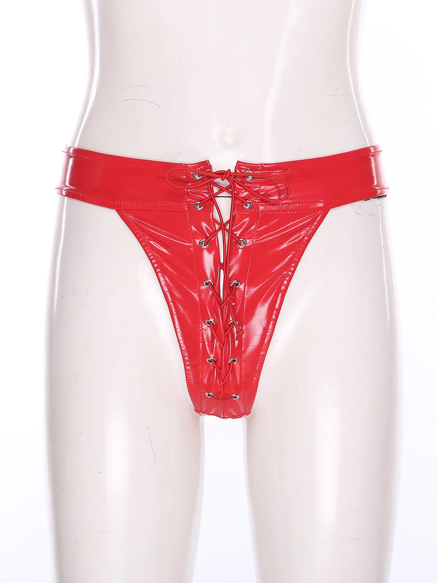

Women's Wet Look PU Leather Briefs Sissy Front Eyelets Lace-up T-back Thongs Panties for Private Pool Party Bikini Underpants