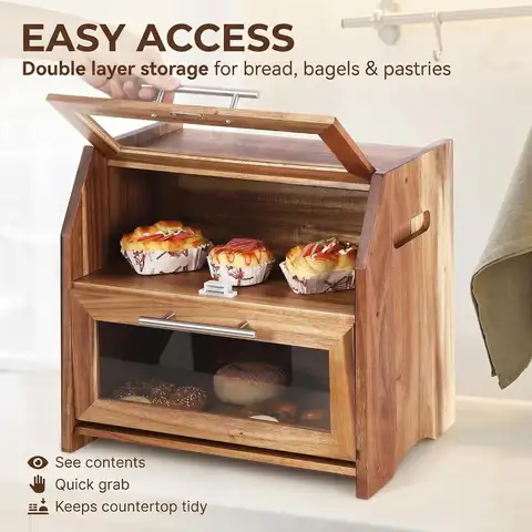 Acacia Wood Bread Box, Double-Layer Bread Storage Container with Clear Acrylic Door for Kitchen Countertop