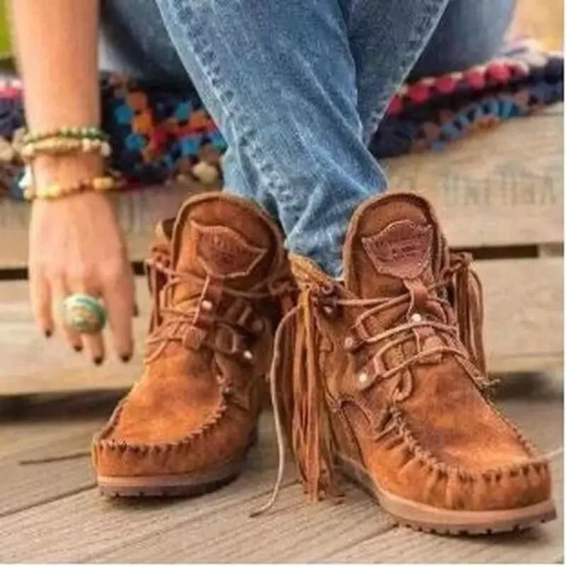 Retro Tassel Women Boots Side Zipper Splice Suede Shoes Comfort Shoes Women Round Toe Plush Ankle Boots Women Zapatos De Mujer