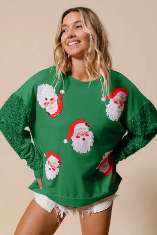 2025 Winter New Santa Claus Christmas Tree Soldier Pattern Sequins Loose Pullovers Tops Fashion Long Sleeve Tshirt Sweatshirt