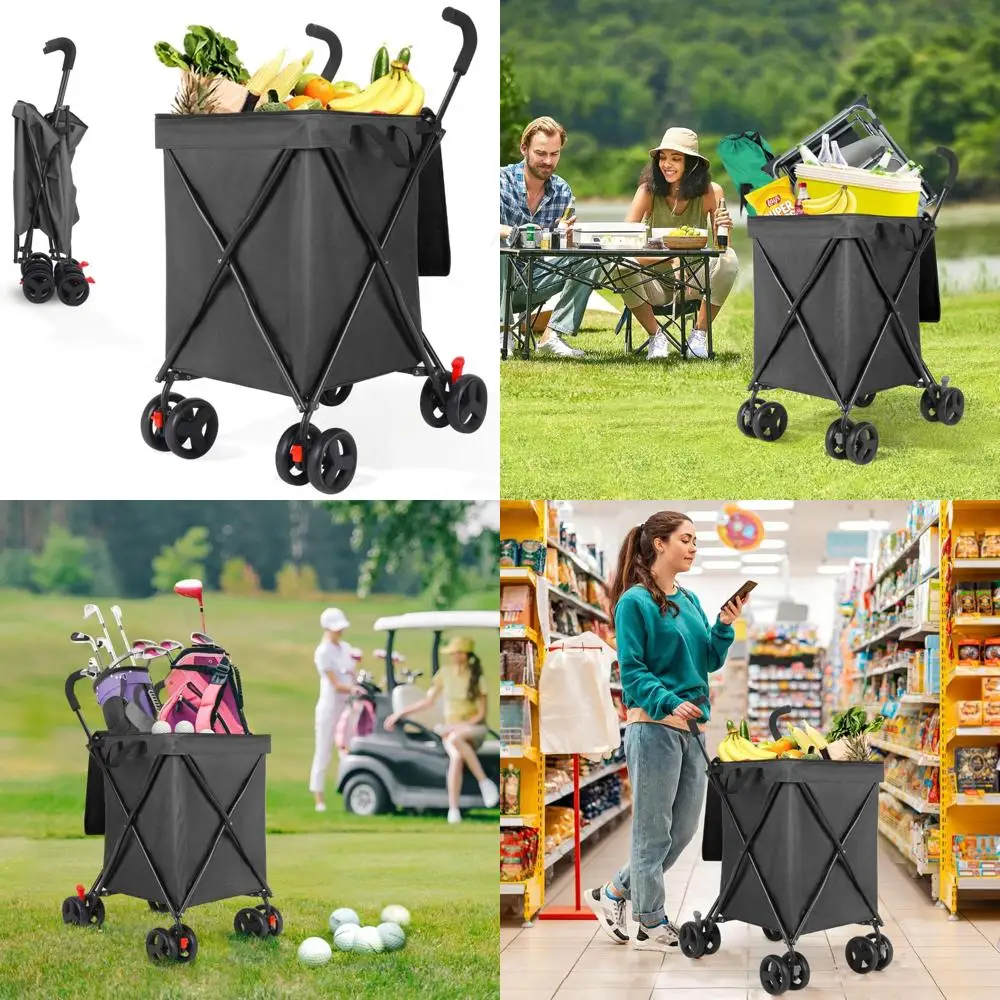 Folding Shopping Cart, Jumbo Grocery Utility Cart with Lager Baskets, 360° Swivel Wheels, 180 LBS Large Capacity Heavy Duty for