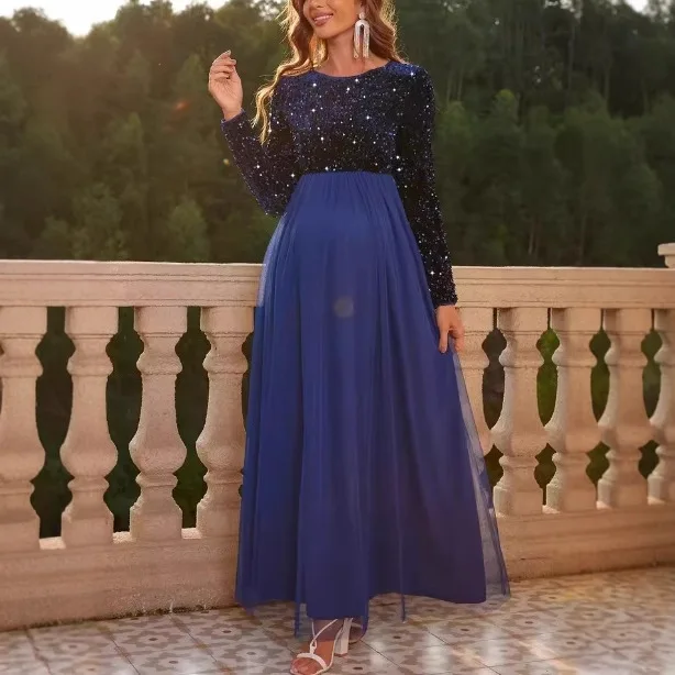 

Glitter Velvet Sequin Maternity Dresses O Neck A-Line Long Sleeves Patchwork Mesh Photography Props Dress Sexy Pregnant Clothes