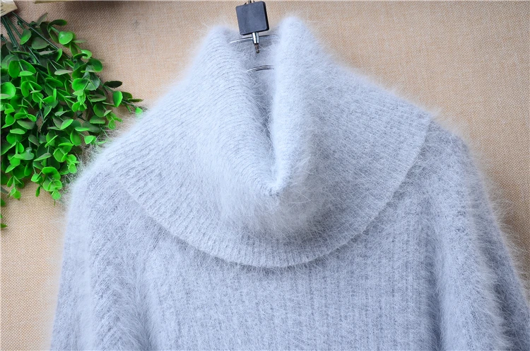 Female Women Autumn Winter Grey Hairy Angora Rabbit Hair Knitted Long Batwing Sleeves Turtleneck Crop Top Loose Pullover Sweater