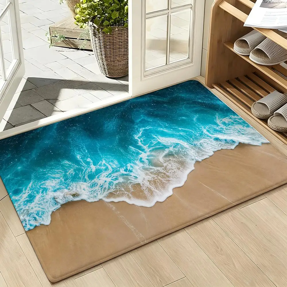 Coastal Ocean Waves and Sandy Beach Aesthetic Floor Mat Soft Flannel Non Slip Absorbent Entryway Bathroom Bedroom Garage