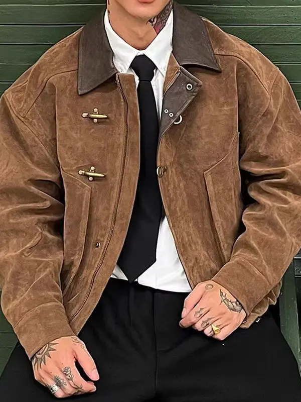 

American Casual Retro Suede Jacket Men Spring Autumn Loose Fit Turn-down Collar Short Style Fashion Urban Polyester Outerwear