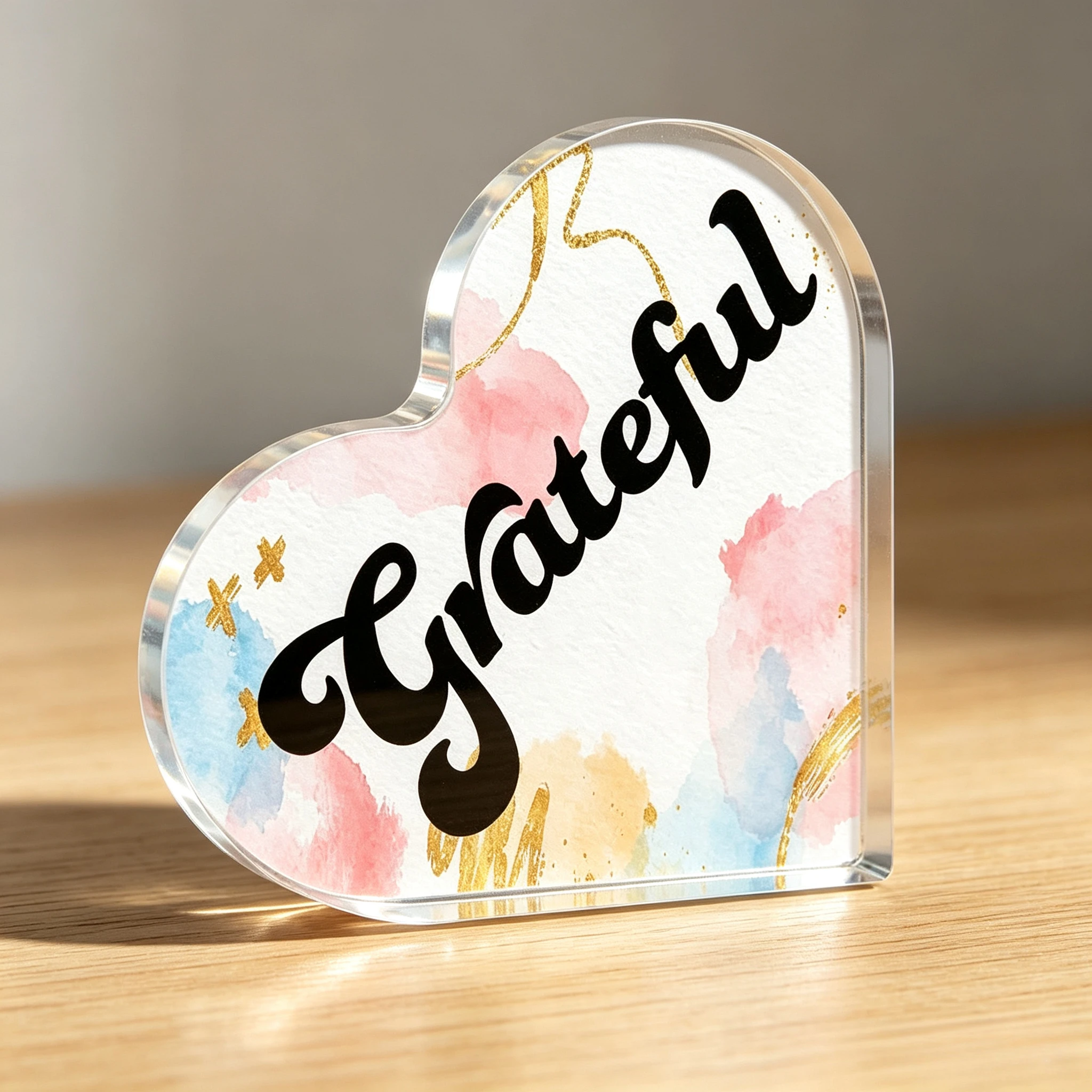 Grateful Watercolor Gold Foil Heart Acrylic Plaque, Soft Pastel Blush Inspirational Home Desk Keepsake Gift