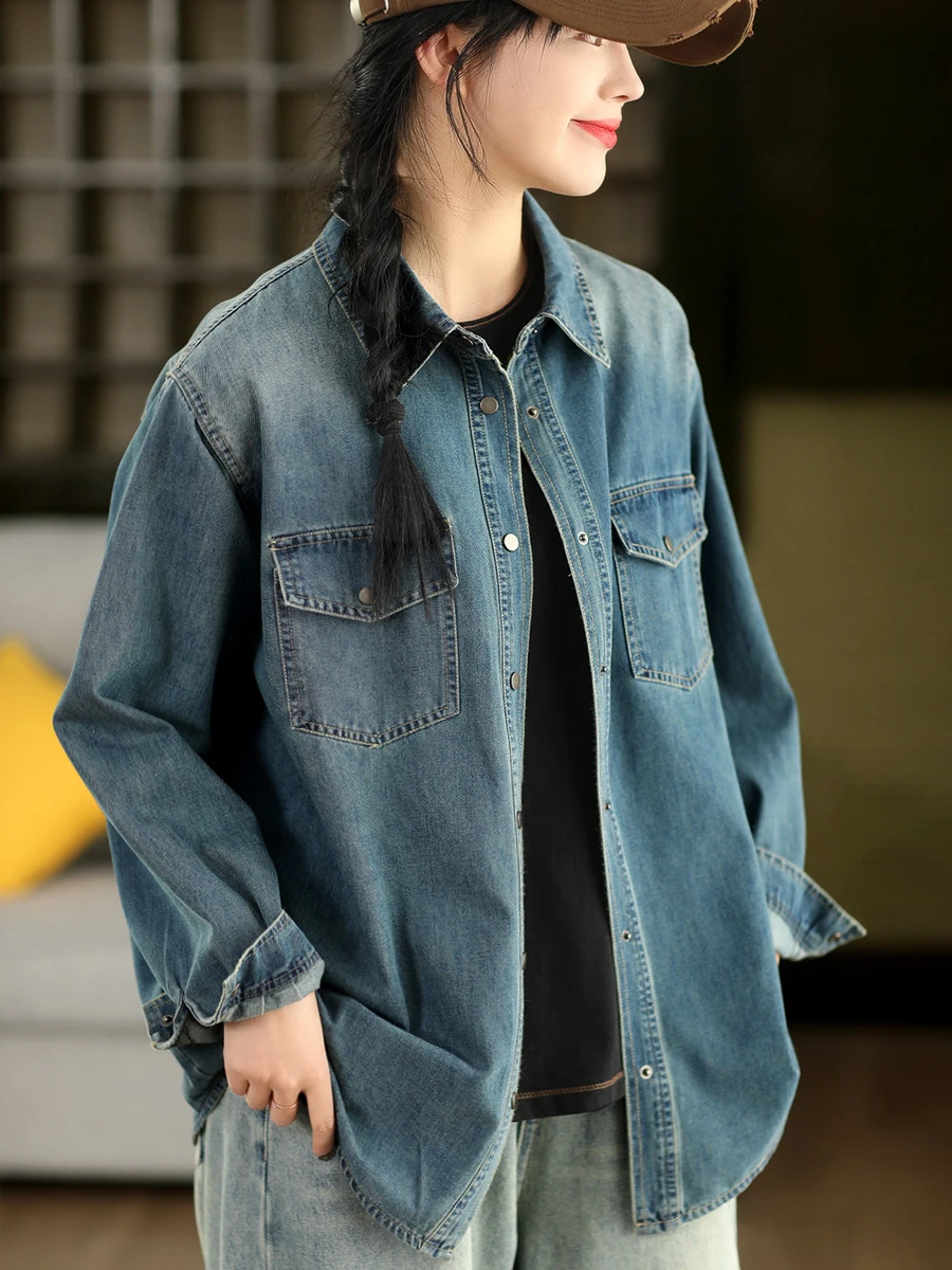 

Retro Waed Denim irt Jaet Women's Spring Casual Collar Open Cardigan Outerwear Top Loose Fit Long Sve Casual Sle