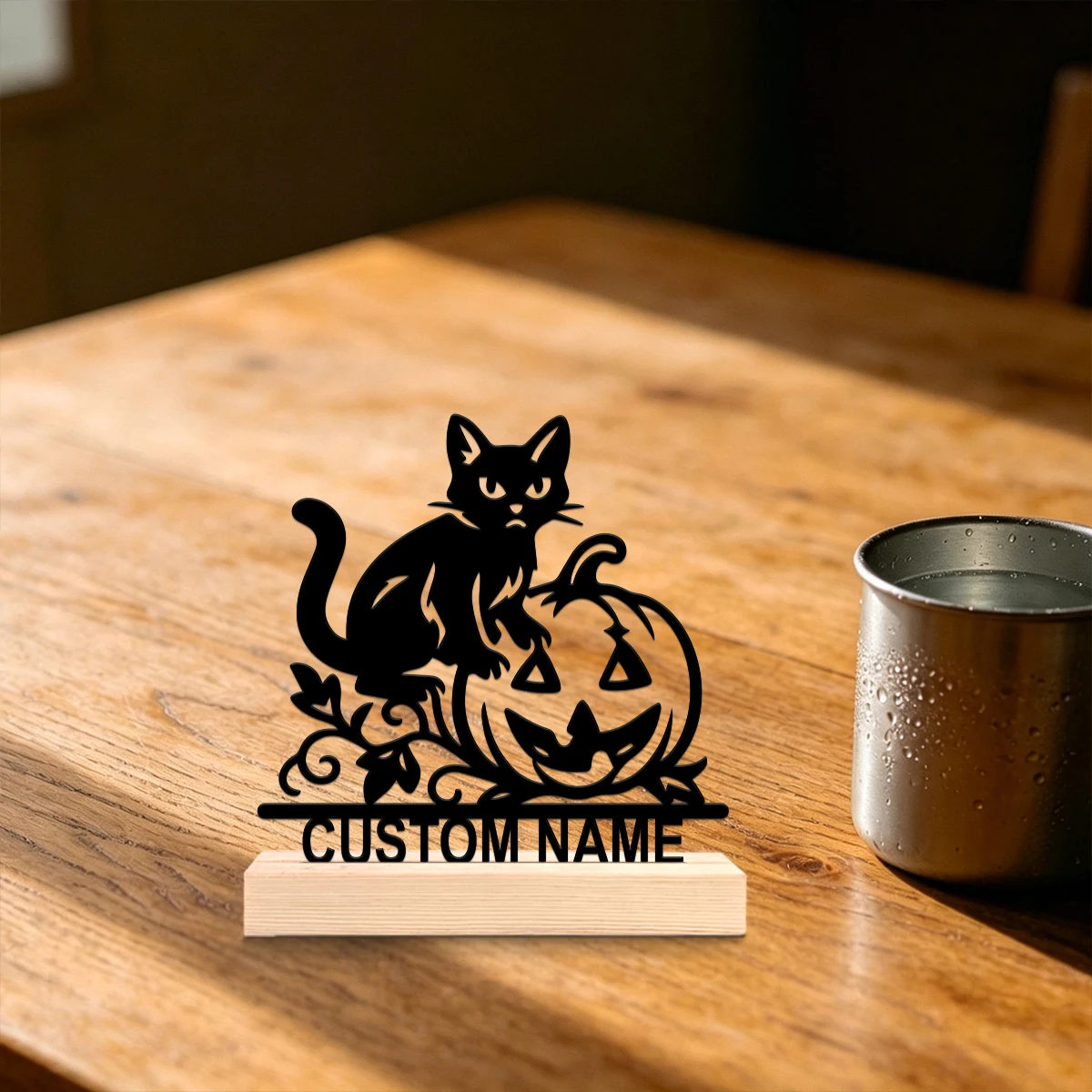 1Pc Custom Pumpkin Cat Wooden Base Metal Ornament,Home Room Desktop Decor,Ideal Birthday Wedding Halloween Festive Gift