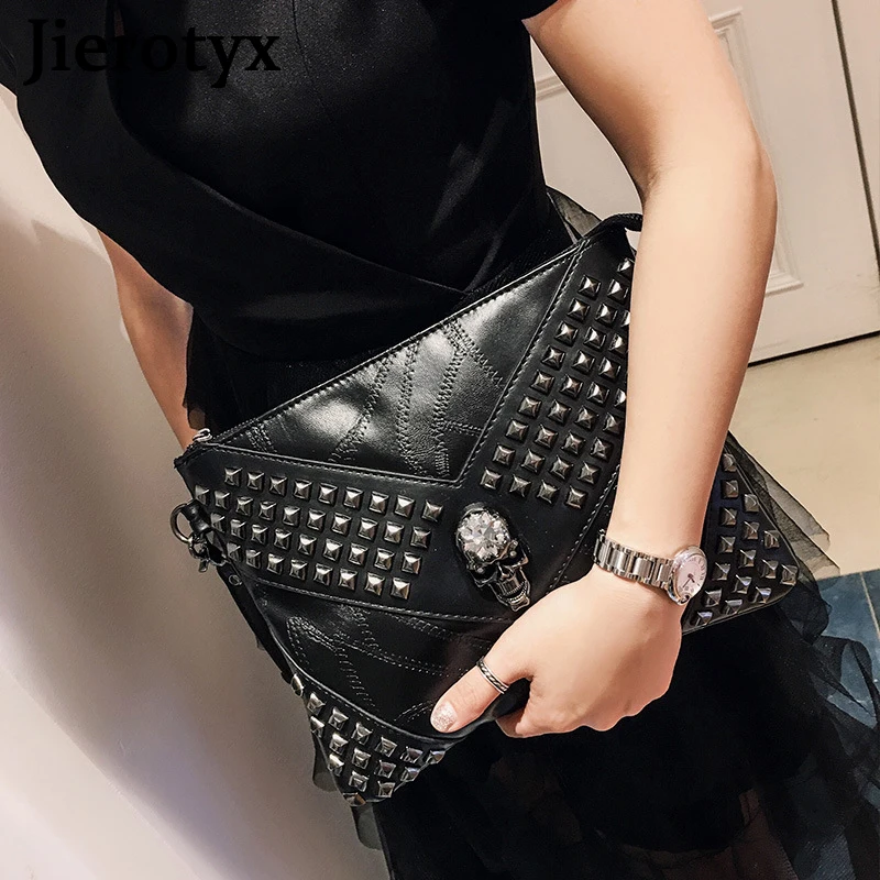 JIETOTYX Teens Girls Coin Goth Purse Wrist Strap Pouch Skull Wallets Women Small Handbags with Wristlet Zip Rivet Shoulder Bags