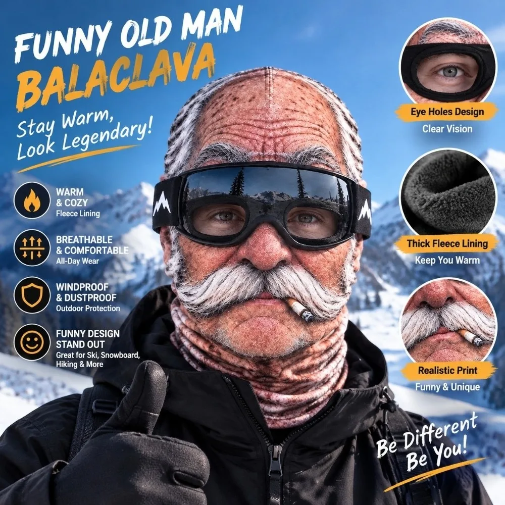 3D Printed Funny Face Balaclava 3D Face with Cigar Old Man Balaclava Breathable Windproof 3D Print Ski Mask Men Costume