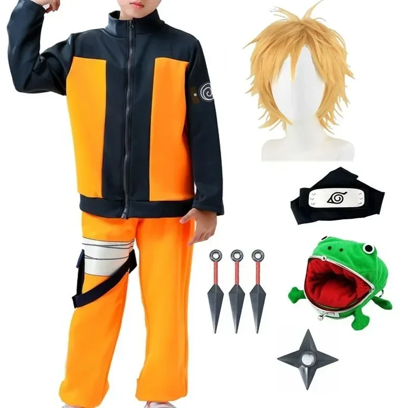 Anime Kids K-Kakashi Cosplay U-Uzumaki A-Akatsuki Jacket Pants Shippuden Uniform Wig Headband Kunai Halloween Costume