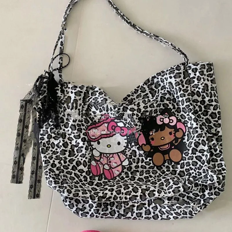 Hello Kitty Leopard Tote Bag Anime Sanrio Y2K Handbag Kawaii High-Capacity Shoulder Bag Cartoon Women Bags Axillary Pouch Gift