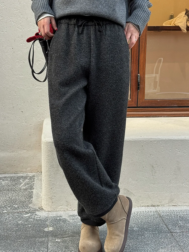 

Широкие шерстяные брюки для женщин, свободные, на флисовой подкладке, прямого кроя, весна-осень, новые, укороченные