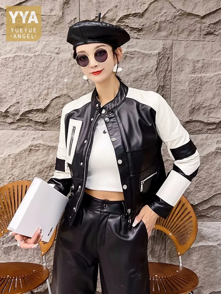 Spring Fashion Women Colors Mixed Real Sheepskin Genuine Leather Jacket Stand Collar Slim Fit Vintage Casual Moto Outwear Coat