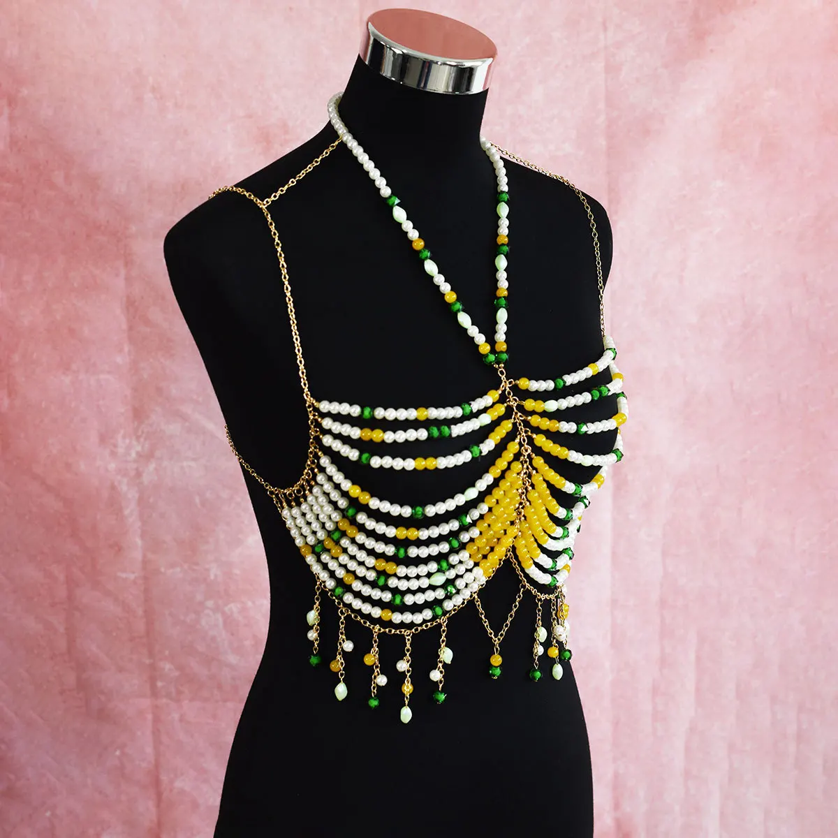 Sujetador con cuentas de colores mezclados, joyería de cadena, Tops cortos de Bikini, gafas de fiesta de espectáculo de lujo, Tops con cuentas, cadena corporal Sexy para mujer