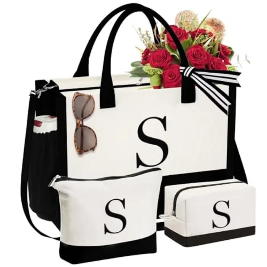 

YOOLIFE Gifts for Women - Initial Canvas Tote Bag and Makeup Bag, Birthday Gifts for Women Mom Sister Friends