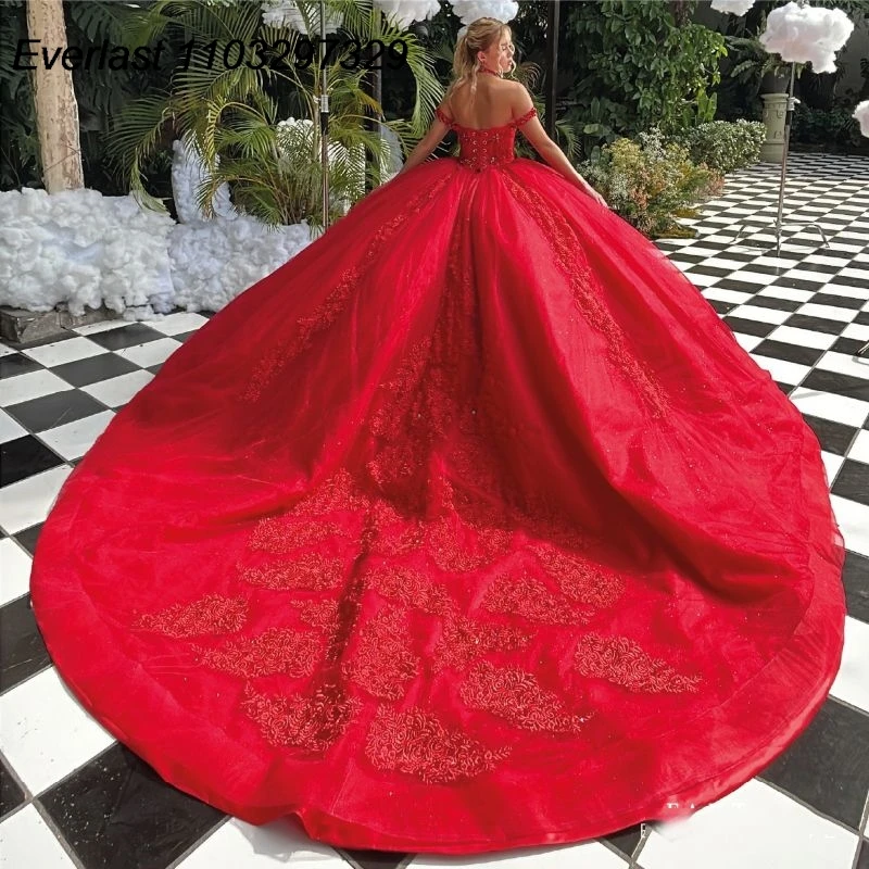 فستان Quinceanera الأحمر المكسيكي ، ثوب الكرة ، مزين بالدانتيل ، مشد كريستال مطرز ، فستان حفلات 16 حلو ، 15 عامًا ، TQD631