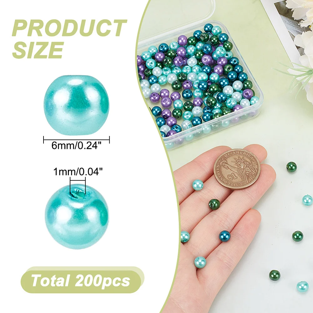 200Pcs Glass Pearl Beads 6mm Satin Luster Pearl Beads Round Mixed Craft Bead Tiny Filler Spacer Bead for Jewelry Crafting Sewing
