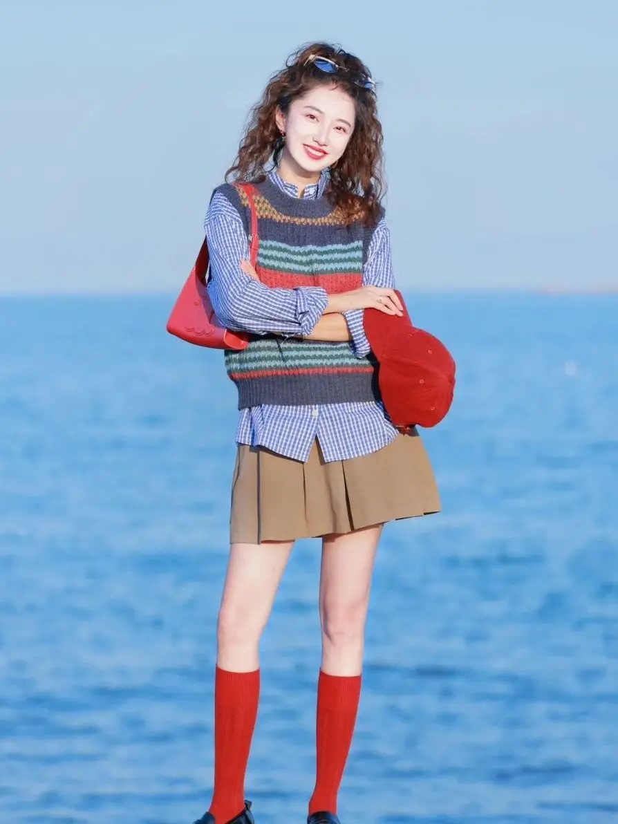 

3 Piece Set Spring Autumn Vintage Fashion Striped Knitted Vest Blue Plaid Blouse Short Skirt 3 Piece Set All-match