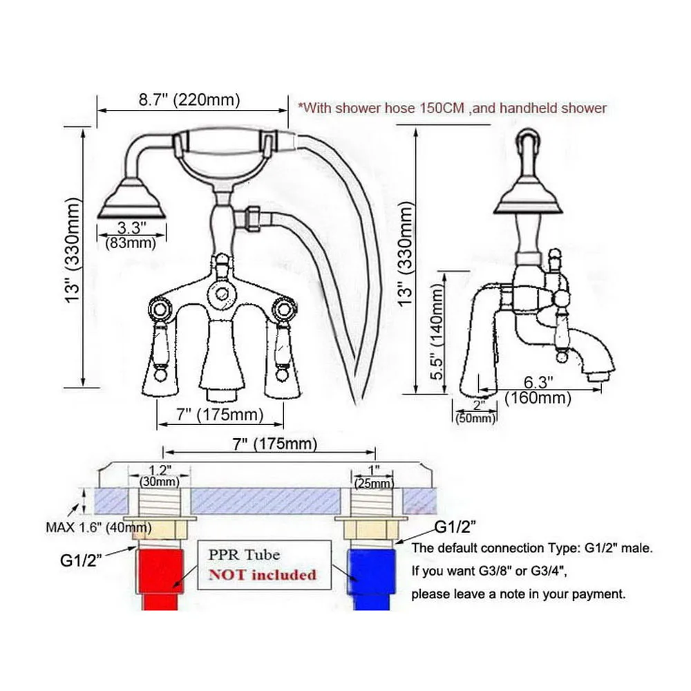 Deck Mount Claw-foot Bathtub Faucet Tub Filler Handheld Shower Antique Red Copper Brass Dual Ceramic Handles ana168