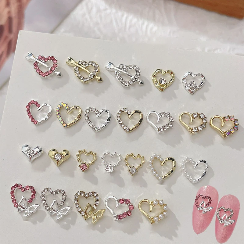 10pcs Heart Alloy Nail Art Charm 3D Sailor Metal Diamond Pearl Hollow Heart Love Nail Jewelry Luxury Nail Accessories